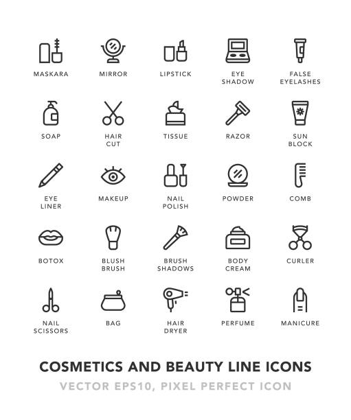 ikony linii kosmetycznej i kosmetycznej - manicure make up brush razor beauty stock illustrations