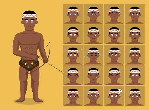 Vector illustration of African Tribe Clothes Hunting Male San Bushmen Cartoon Emoticon Faces Vector Illustration