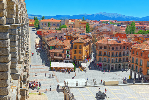 Segovia, Spain- June 07, 2017: Aqueduct of Segovia (or more precisely, the aqueduct bridge) is a Roman aqueduct in Segovia. In 1985 Segovia and its Aqueduct were declared World Heritage Sites by UNESCO.