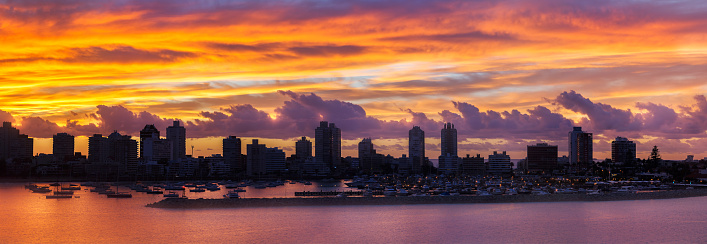 Panoramic view of the Port Of Punta Del Este Uruguay at sunrise time, 6:10 am, summer.