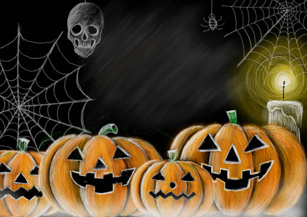 istock Drawing Halloween pumpkin,cobweb,spider,skull and candle chalkboard style with copy space for your texts 925605474