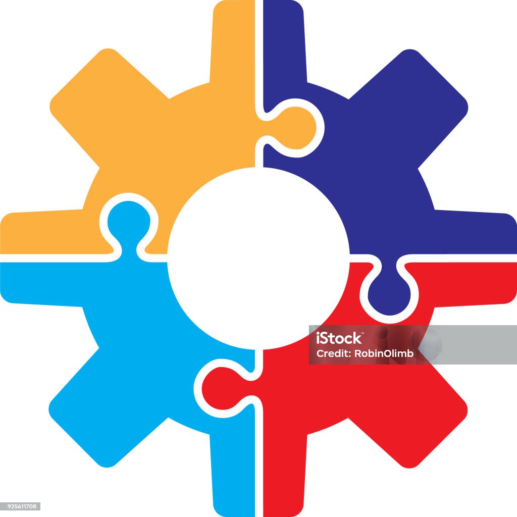 Gear Puzzle Piece icon Vector illustration of a colorful gear made up of four puzzle pieces. Puzzle stock vector