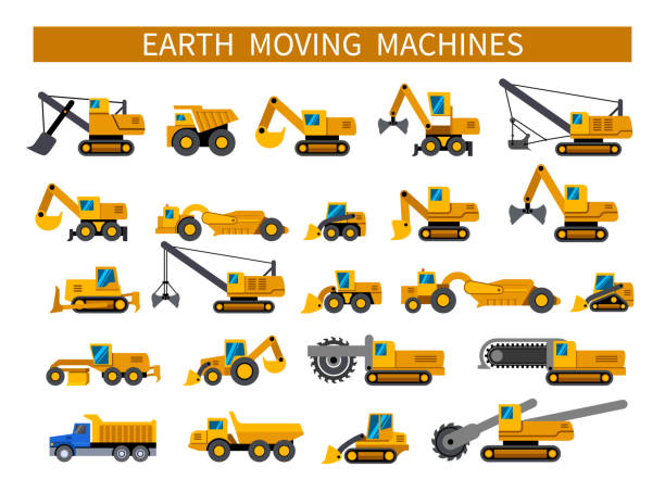 erdbewegungsmaschinen icons set - earth mover bulldozer construction scoop stock-grafiken, -clipart, -cartoons und -symbole