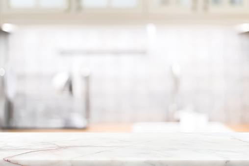 Marble desk taple top view kitchen product presentation template stock photo blurry background 3d rendering.