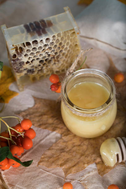 istock Rowan berries, honey and honeycomb on a sackcloth. 925623548
