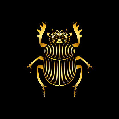 Graphic print of stylized gold scarab on black background. Linear drawing.