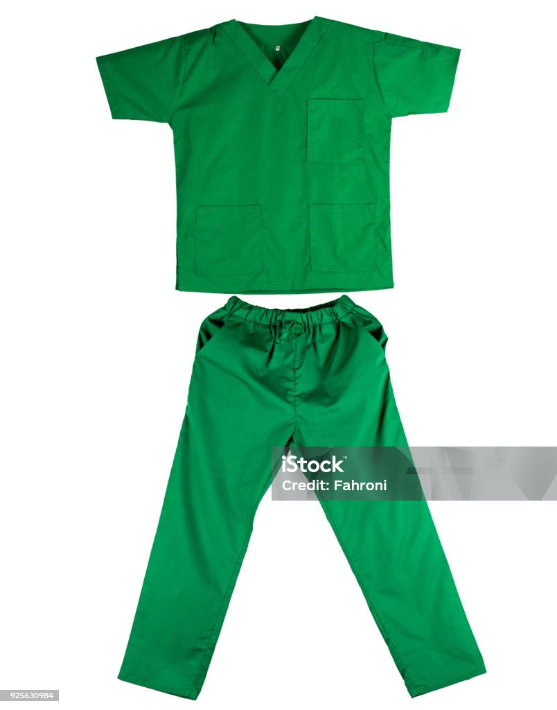 Green scrubs uniform isolated on white background. Green shirt and pants for veterinarian, doctor or nurse Medical Scrubs Stock Photo