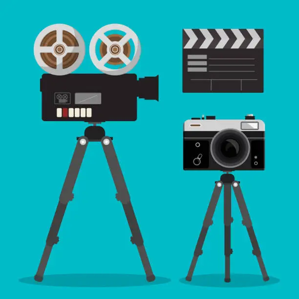 Vector illustration of Movie and Photo Film Cameras Set on Tripod