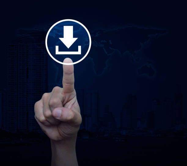 Hand pressing download icon over world map and modern city tower, Business internet concept, Elements of this image furnished by NASA