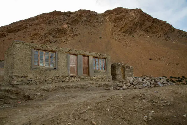 Local village house of leh with mountain in the background.