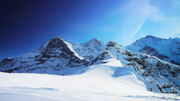 Jungfrau Eiger Monch Mountain peaks winter Swiss Alps Jungfrau, Eiger, Monch Mountain peaks, winter Swiss Alps, a helicopter view thun interlaken winter switzerland stock pictures, royalty-free photos & images