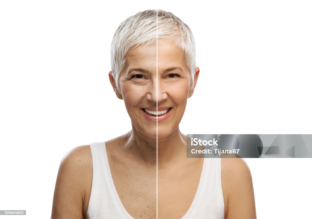 Portrait d’une belle femme âgée, vieillissement concept, isolé sur fond blanc - Photo de Vieillir libre de droits