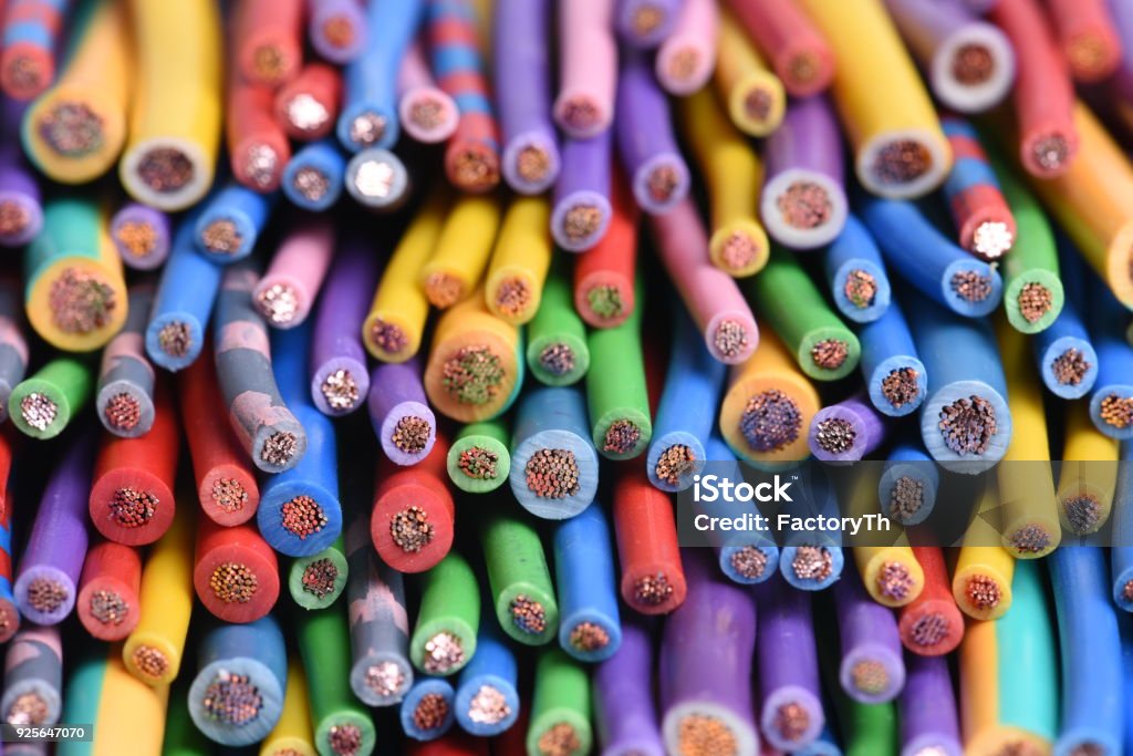 Colored electric cables Colored electric cables closeup Cable Stock Photo