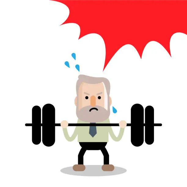 Vector illustration of Active and healthy lifestyle senior businessman trying hard to lift a weight up and down