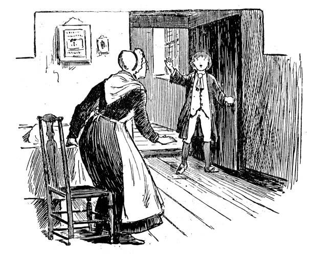 istock Antique children book illustrations: Boy and woman 925648624