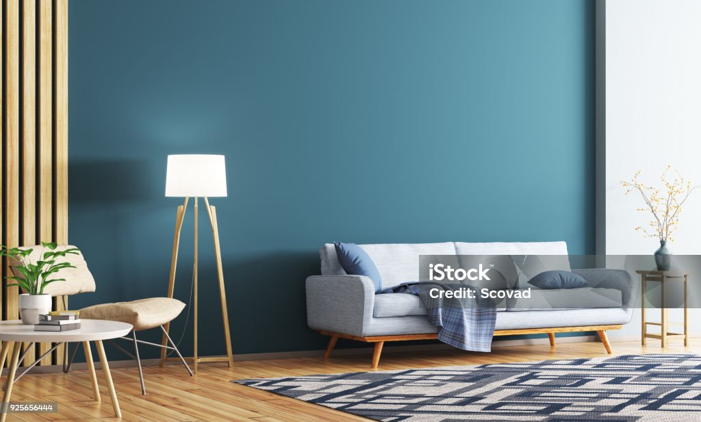 Interior of modern living room 3d rendering Interior of modern living room with sofa, armchair, coffee table and floor lamp 3d rendering Living Room Stock Photo