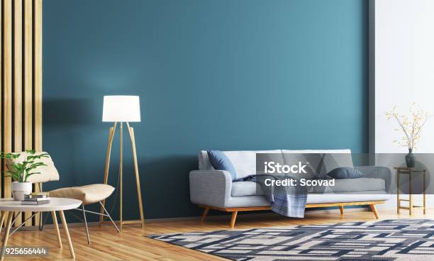 Interior Of Modern Living Room 3d Rendering Stock Photo - Download Image Now - Living Room, Floor Lamp, Blue