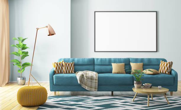 interieur aus wohnzimmer mit sofa und poster 3d-rendering - coffee table living room indoors comfortable stock-fotos und bilder