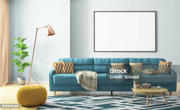 Interior Of Living Room With Sofa And Poster 3d Rendering Stock Photo - Download Image Now
