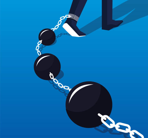 Businessman's legs tied to a string of iron balls Businessman's legs tied to a string of iron balls restraining device stock illustrations