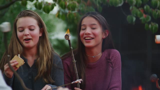Teenage friends making s’mores around a fire outdoors