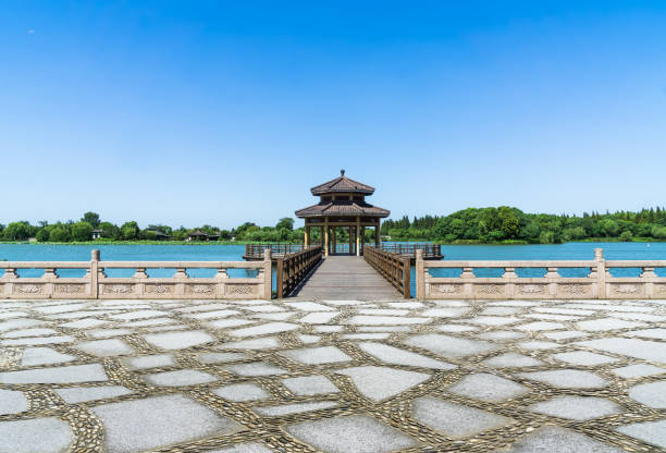 wooden pavilion on Suzhou Jinji lake,Jiangsu province,China.