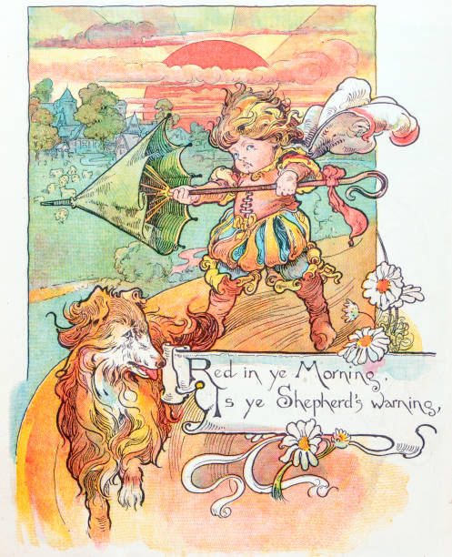 istock Antique children book illustrations: Boy with umbrella 925665234