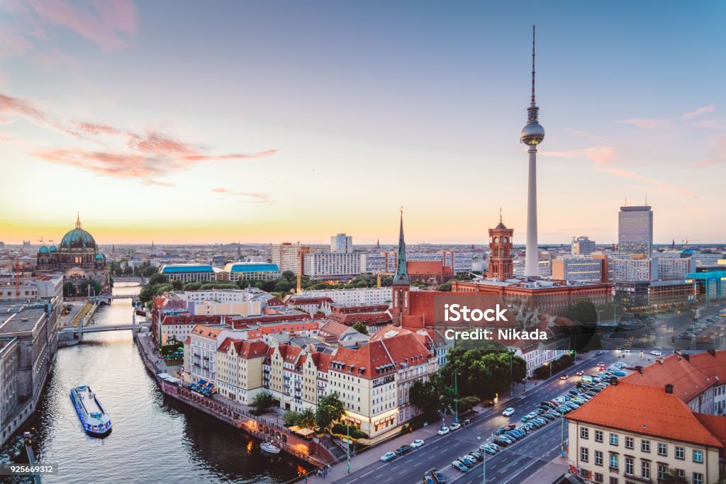 Skyline of Berlin (Germany) with TV Tower at dusk Berlin Stock Photo
