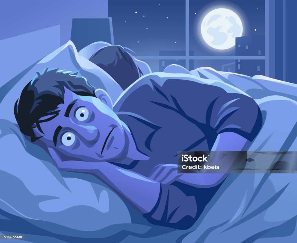 Man Trying To Sleep At Night Vector illustration of a young man lying in his bed, trying to sleep. His eyes are wide open and he is looking desperate and frustrated. His wife or girlfriend is lying next to him and the bedroom is lit from the full moon and the city lights outside the window. Insomnia stock vector