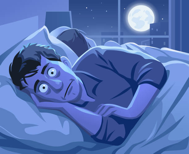 Man Trying To Sleep At Night Vector illustration of a young man lying in his bed, trying to sleep. His eyes are wide open and he is looking desperate and frustrated. His wife or girlfriend is lying next to him and the bedroom is lit from the full moon and the city lights outside the window. horror waking up bed women stock illustrations