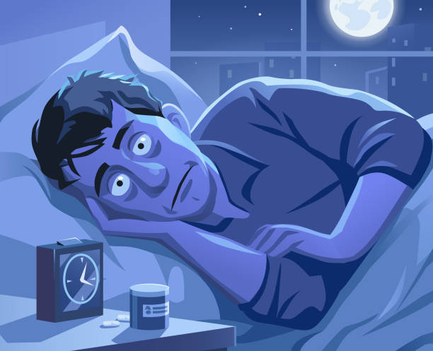 Insomnia Vector illustration of a young man lying in his bed, trying to sleep. His eyes are open and he is looking desperate and exhausted. In front of him is an alarm clock and sleeping pills. The bedroom is brightly lit from the moonlight and the city lights outside the window. insomnia illustrations stock illustrations