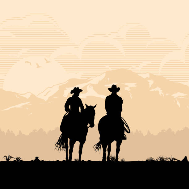 ilustrações, clipart, desenhos animados e ícones de silhueta de casal cowboy, andar a cavalo por do sol, vector - cowboy cowboy hat hat summer