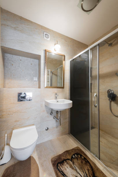 istock Modern bathroom interior with shower cabin 925678266