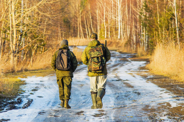 Two hunters in the forest in late autumn Two hunters walk along the forest road on a Sunny evening in late autumn woodland camo stock pictures, royalty-free photos & images