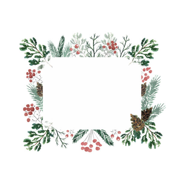 Frame with cones, berries and spruce branches, watercolor painting Christmas frame with cones, berries and spruce branches. Watercolor hand drawn illustration thorn wreath stock illustrations