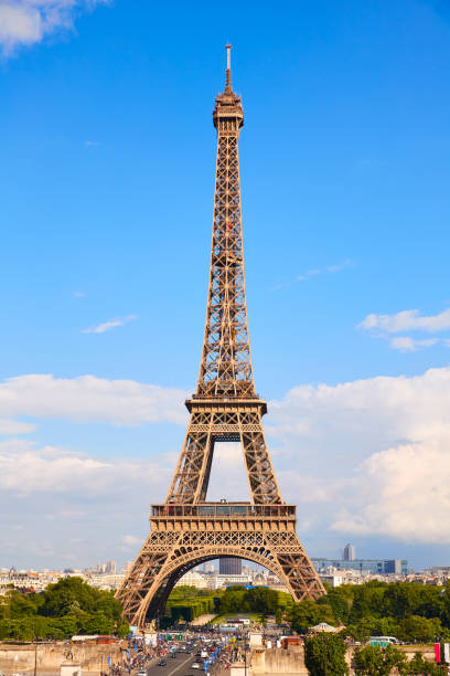 Eiffel Tower in Paris under blue sunny sky at France