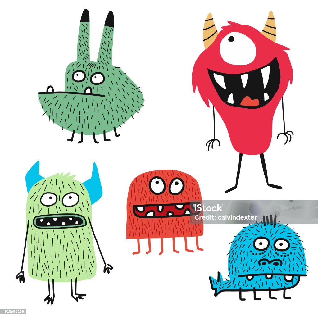 Cute monsters Vector illustration of some hand drawn cute and colorful monsters for using in design projects, book covers, stories for children and young adult readers or any website or design idea or concept Monster - Fictional Character stock vector