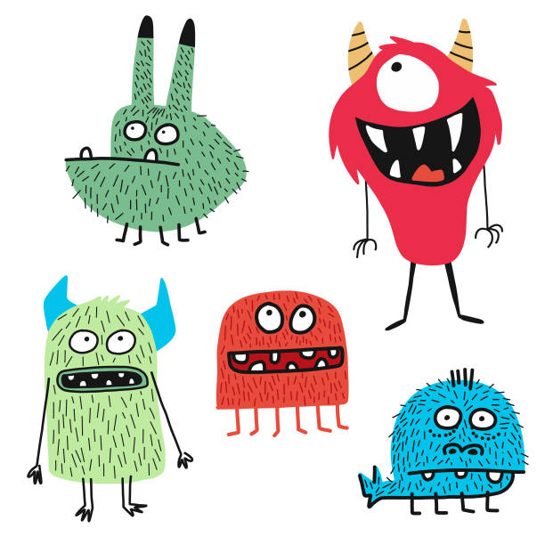 Cute monsters Vector illustration of some hand drawn cute and colorful monsters for using in design projects, book covers, stories for children and young adult readers or any website or design idea or concept monster stock illustrations