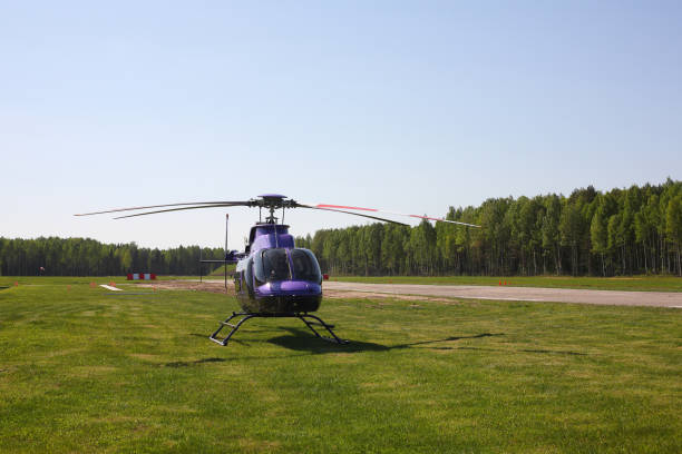 Aircraft - Purple helicopter on the parking against the wood and sky.