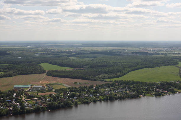 istock Aerial Views - Russian village river Volga 925689622