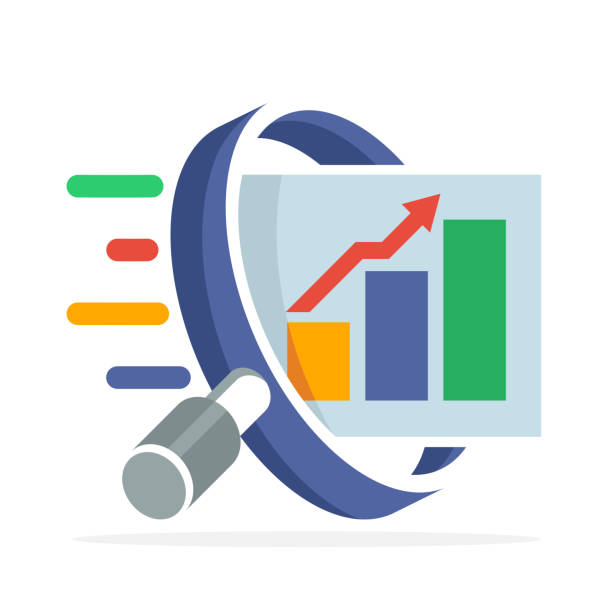 icon icon with the concept of searching, analyzing, for business finance and marketing. Illustrated with magnifying glass, bar chart, and arrow graph increases. icon icon with the concept of searching, analyzing, for business finance and marketing. Illustrated with magnifying glass, bar chart, and arrow graph increases. scrutiny icon stock illustrations