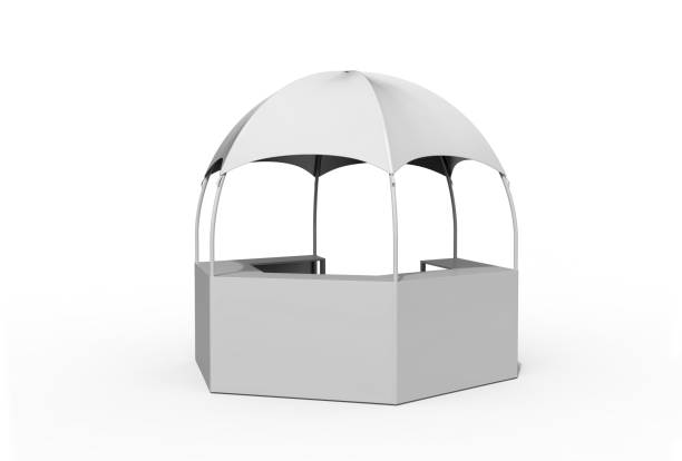 Outdoor Multi functional Trade Show Display Dome Kiosk Hexagonal Pavilion Canopy Tent With Promotional Counters, 3d render illustration.