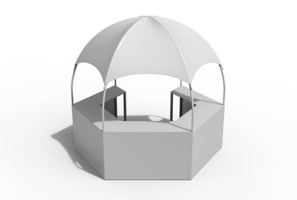 istock Outdoor Multi functional Trade Show Display Dome Kiosk Hexagonal Pavilion Canopy Tent With Promotional Counters, 3d render illustration. 925693192