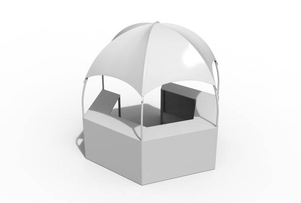 istock Outdoor Multi functional Trade Show Display Dome Kiosk Hexagonal Pavilion Canopy Tent With Promotional Counters, 3d render illustration. 925693196