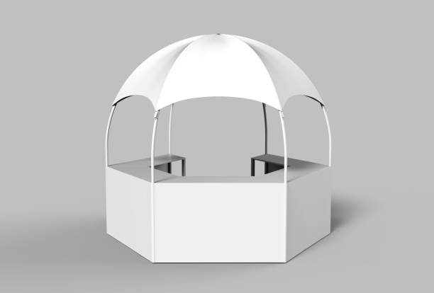 istock Outdoor Multi functional Trade Show Display Dome Kiosk Hexagonal Pavilion Canopy Tent With Promotional Counters, 3d render illustration. 925693198