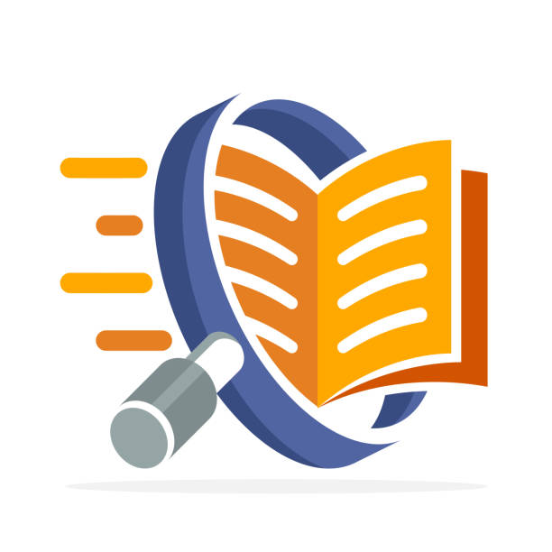 ikona z koncepcją wyszukiwania, czytanie, recenzowanie książki. ilustrowany lupą i otwartą książką. - dictionary definition stock illustrations