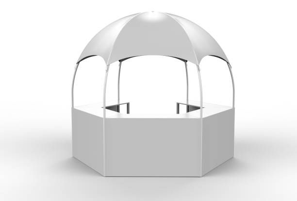 istock Outdoor Multi functional Trade Show Display Dome Kiosk Hexagonal Pavilion Canopy Tent With Promotional Counters, 3d render illustration. 925693534