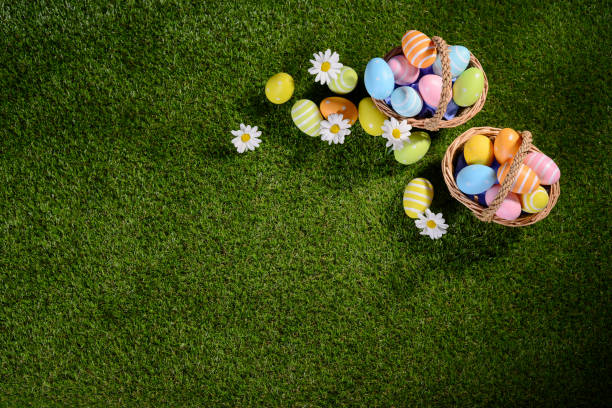 istock above top view of multi colored painted easter eggs on the green grass with springtime daisy flowers 925694108