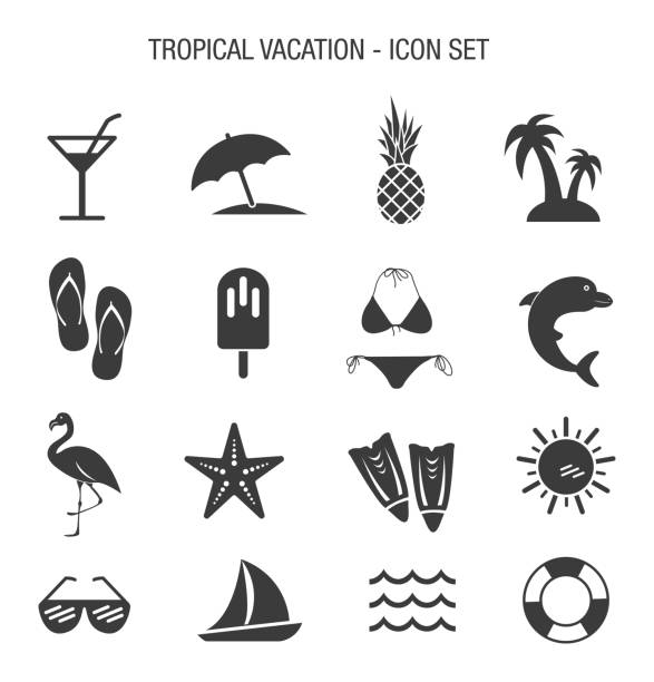 ilustraciones, imágenes clip art, dibujos animados e iconos de stock de conjunto de iconos de vacaciones tropicales - echinoderm