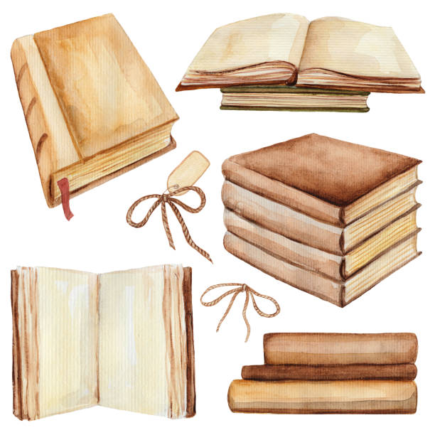 illustrazioni stock, clip art, cartoni animati e icone di tendenza di set di libri ad acquerello - old book illustrations